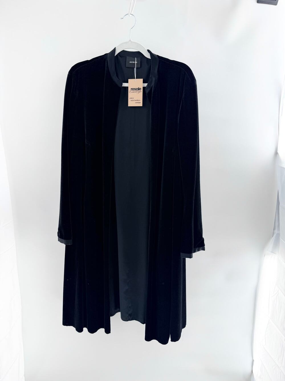 Akris Velvet Long Sleeve Open Front Overcoat Jacket Black Women's Size Large